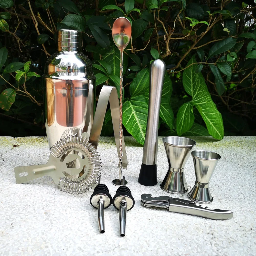 
Custom Logo Home Bar 304 SS 11-Piece Bar Tool Set with Patent Pending Rustic Wood Stand Bartender Cocktail shaker set 