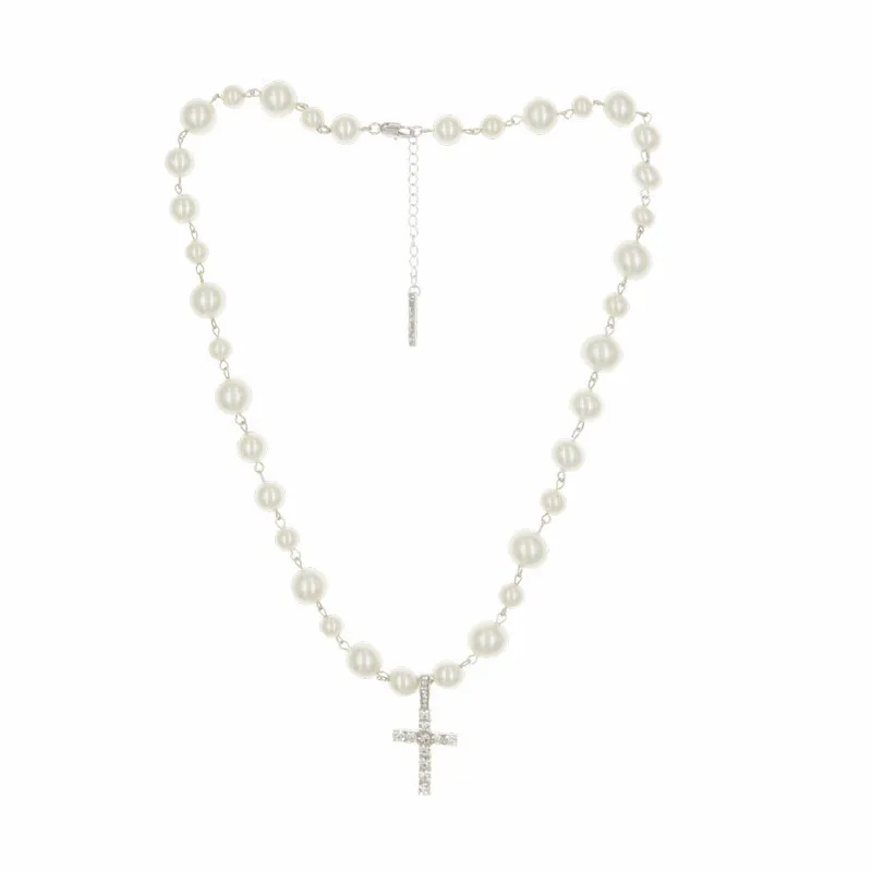 

Trendy pearl ball necklace with cross crystal pendant necklace for women fashion beads necklace jewelry, Silver