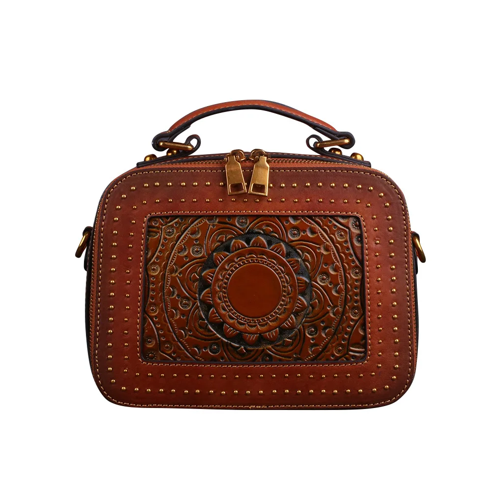 

Ready To Ship Drop Shipping Vintage Totem Embossed One-Shoulder Cross-Body Bag Luxury Genuine Leather Ladies Handbag