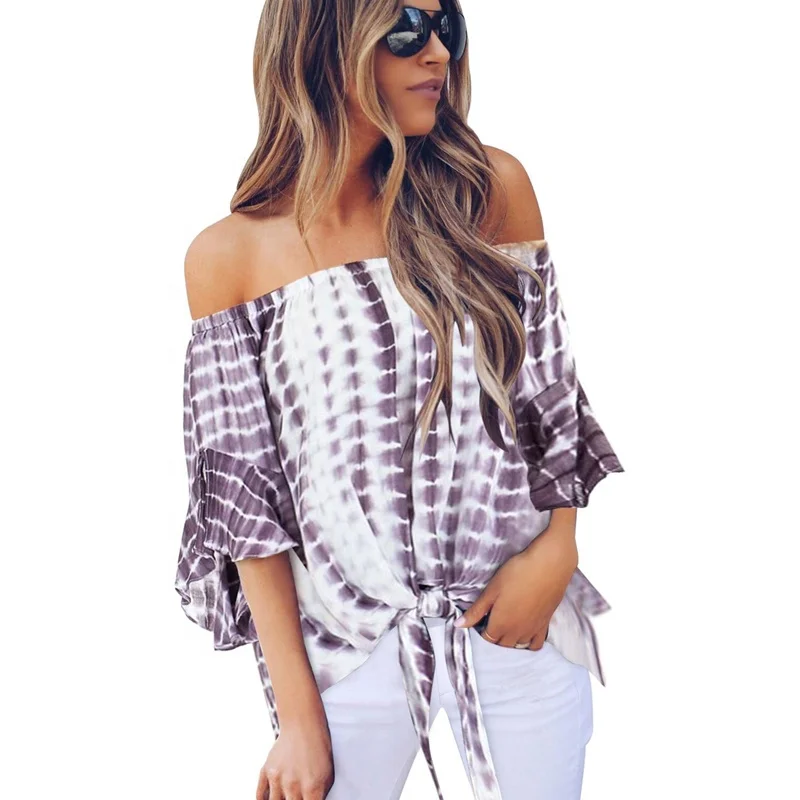 

Summer Women Casual Plaid Slash Neck Half Sleeve Slit Tie Dye Plaid Off Shoulder Blouse