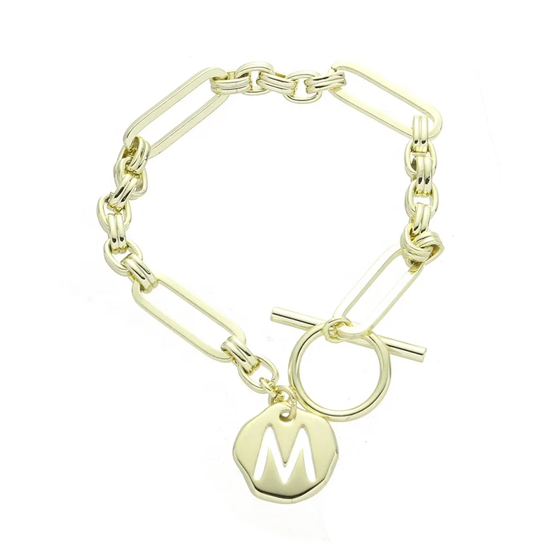 

Trendy Ladies 14K Gold Plated Letter M Pendant Combination Chain Paperclip Chain Bracelet For Women, Gold color
