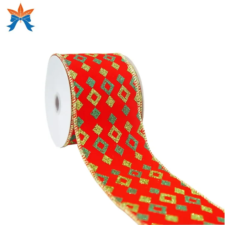 

Christmas Red Velvet with Green Gold Glitter Rhombus Wired Colorful Satin Ribbon