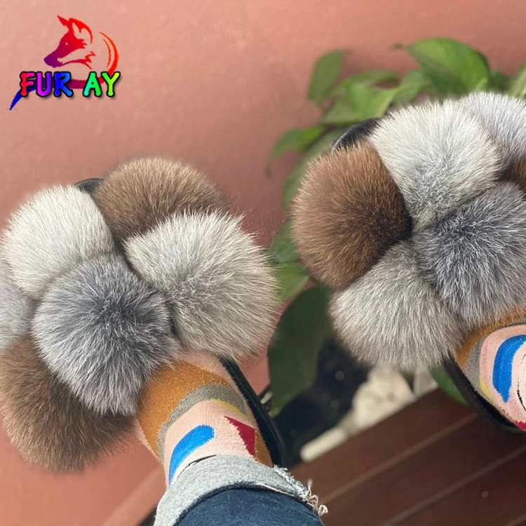 

New hot sale fur slides channel fur slides blue fur slides