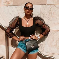 

Organza Dot Patchwork Lantern Sleeve Women Crop Top Blouses 2019