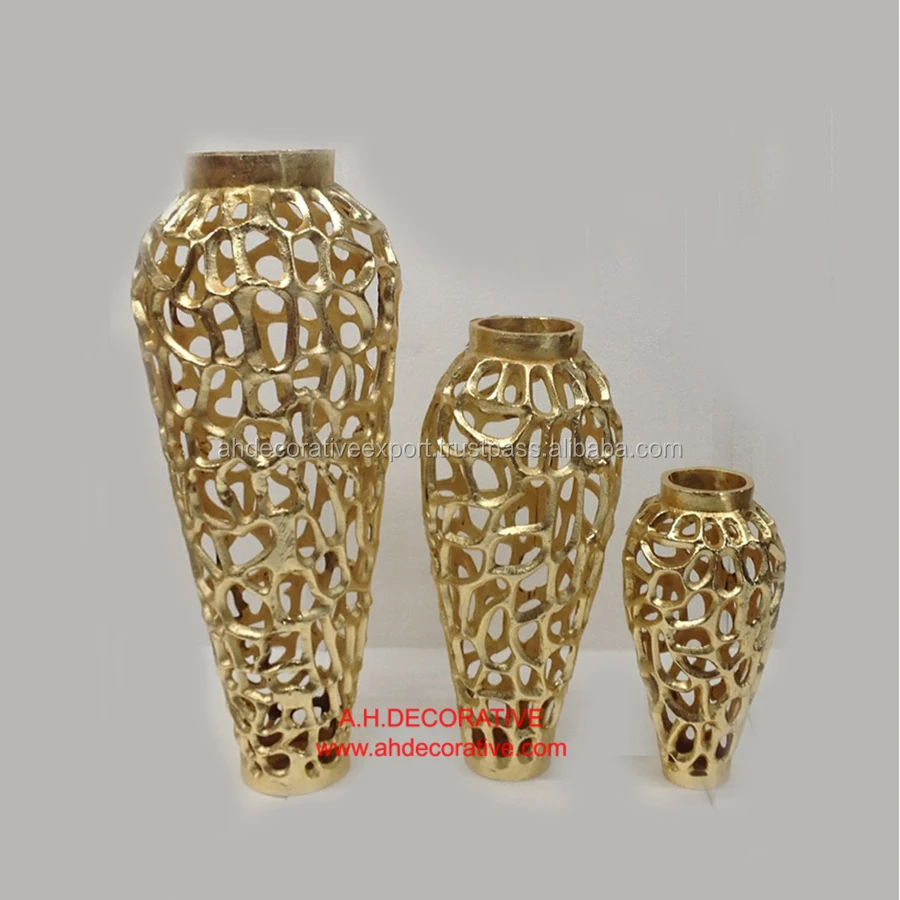 Aluminum Golden Laser Cutting Design Flower Vases Set Of 3 Home Floor