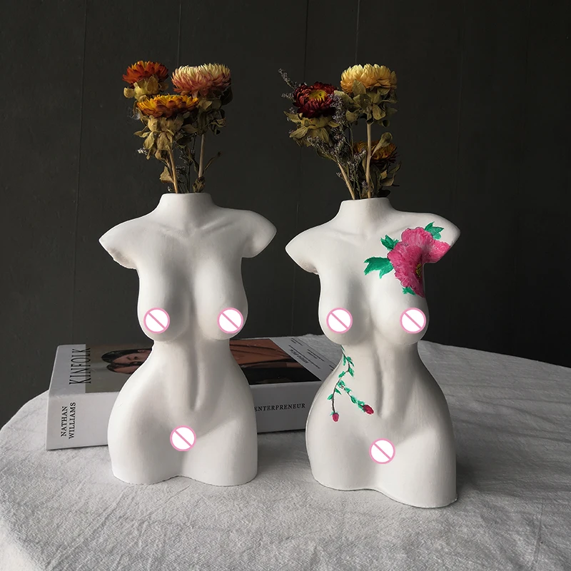 

J143 DIY Large Size Gypsum Handmade Sculpture Concrete Woman Body Vase Mold Art Torso Plaster Concrete Vase Mould, White