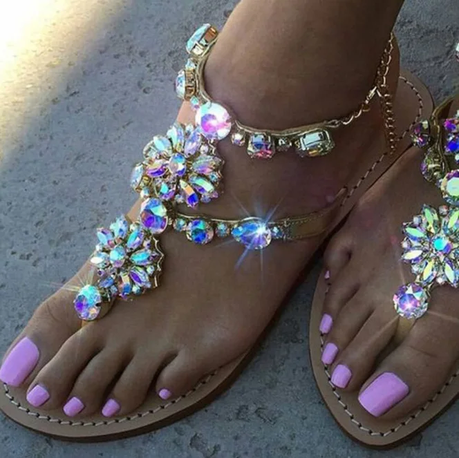 

Bling bohemian crystal rhinestone wholesale woman luxury ladies chain sandals flat, rhinestone sandals
