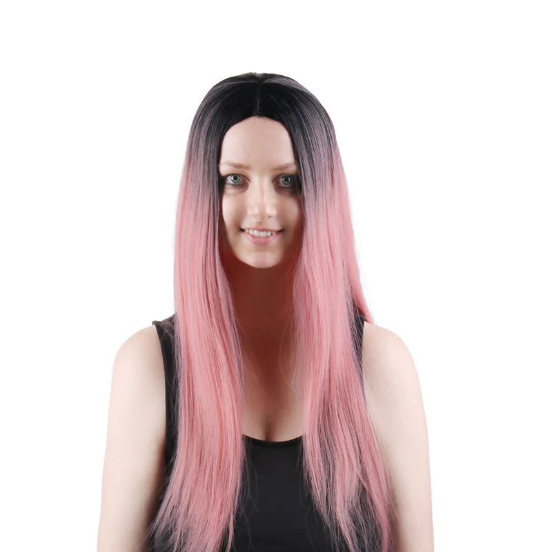 

Cosplay Costume Long Straight Synthetic Black Roots 2 Tone Color Ombre Light Pink Wigs