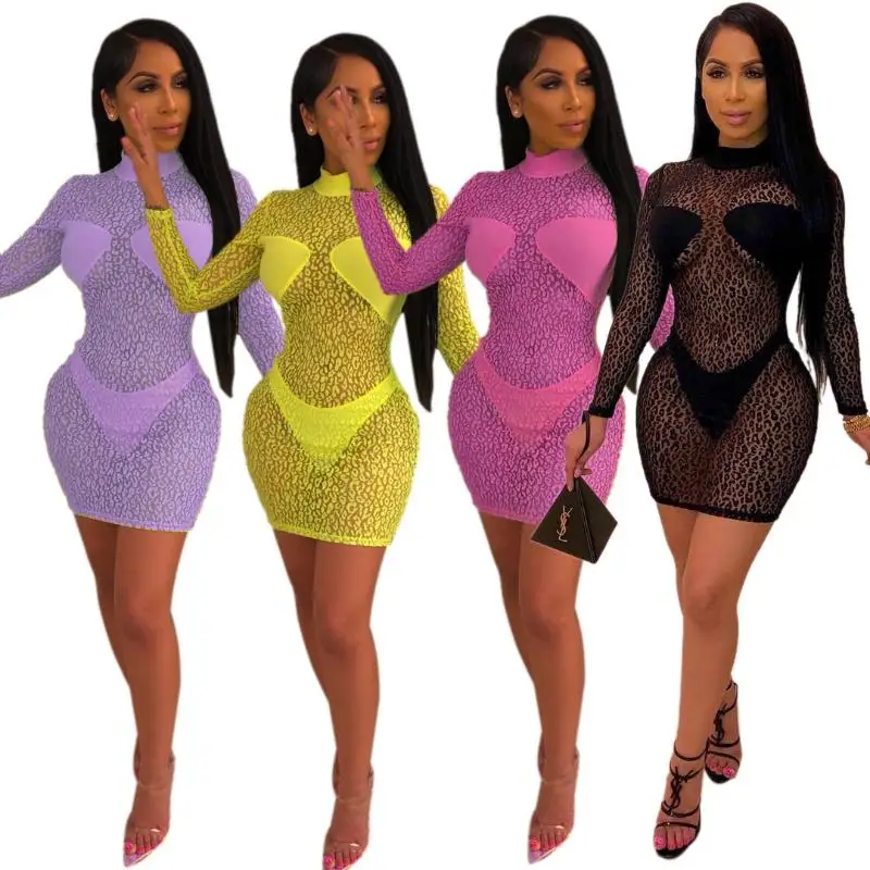 

Free Shipping Clothes Chic Leopard Mesh Pleated Ladies Party Mini Bodycon Dress
