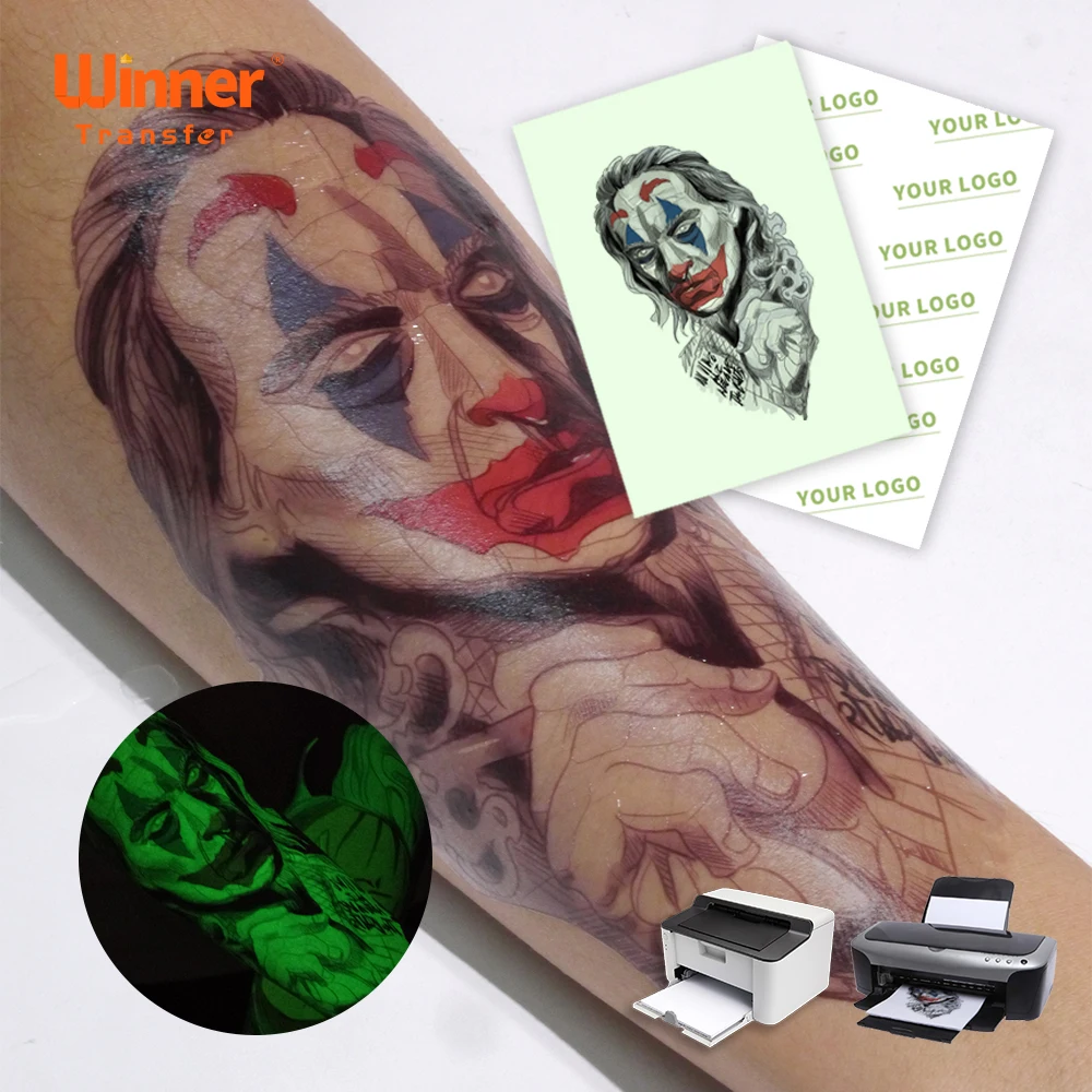 

Amazon top seller GLOW IN THE DARK Pack of 100 Sheets printable inkjet and laser temporary tattoo paper for body, Luminous
