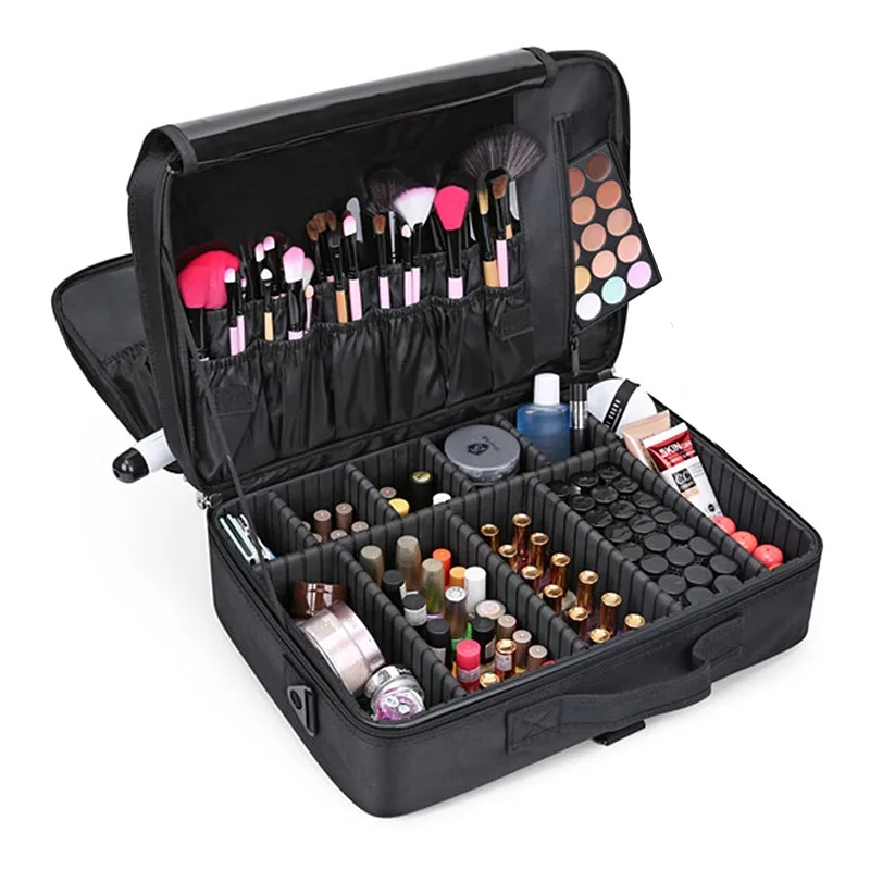 

T01 Professional Makeup Kit Brush Bag Girls Travel Beauty Case Bag Black Cosmetic Bags Cases, Black , rose