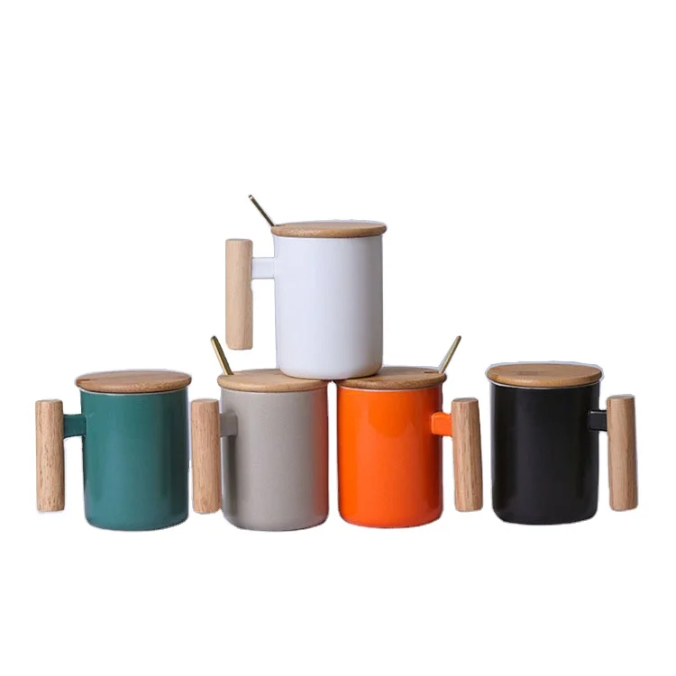 

Gift coffee mugs custom logo ceramic tumbler cups with wooden handle, bamboo lid and stainless steel spoon, Same as picture or customized