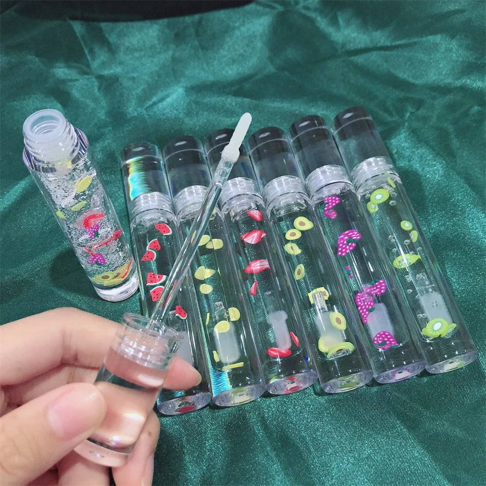 

floating sweet colorful fruits lip gloss oil fundy makeup vendor private label lip balm in transparent tube