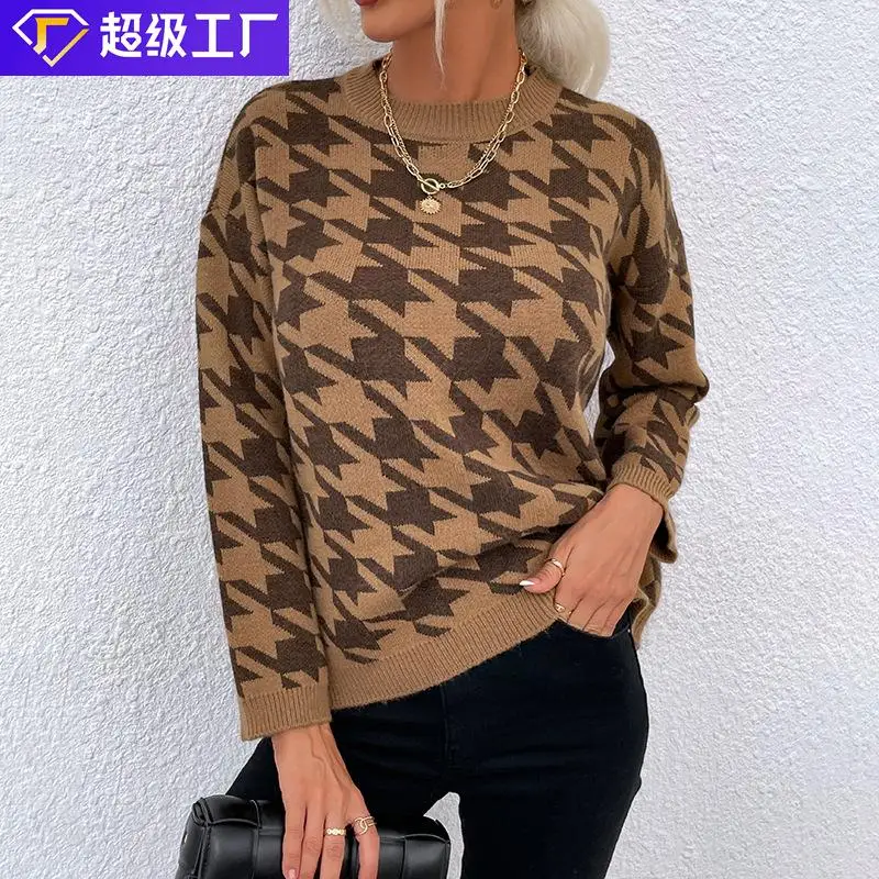 

2021 New Autumn And Winter New Hot Selling Women Casual Crew Neck Cow Grid Pattern Knit Sweater