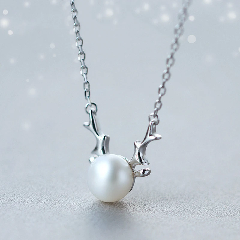 

N1057 Christian Sterling Silver 925 Elk Design Short Artificail Pearl Pendant Christmas Necklace