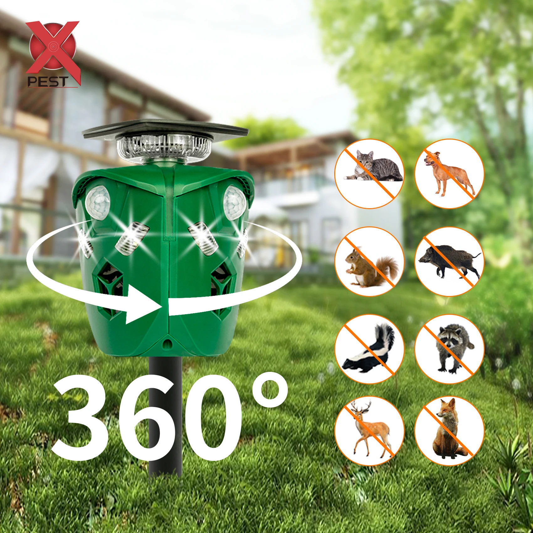 

360 Degree Scarecrow Outdoor Solar Animal Repeller Ultrasonic Wild Bird Cat Dog Pig Monkey Deer Rodent Raccoon Skunk Deterrent, Oem brand(e.g.: orange/green)...