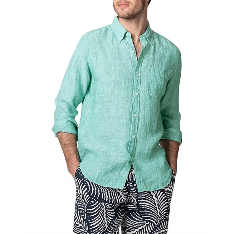 

Wholesale Top show Garment OEM Pure Linen Casual Slim Fit Buttons Shirts For Men