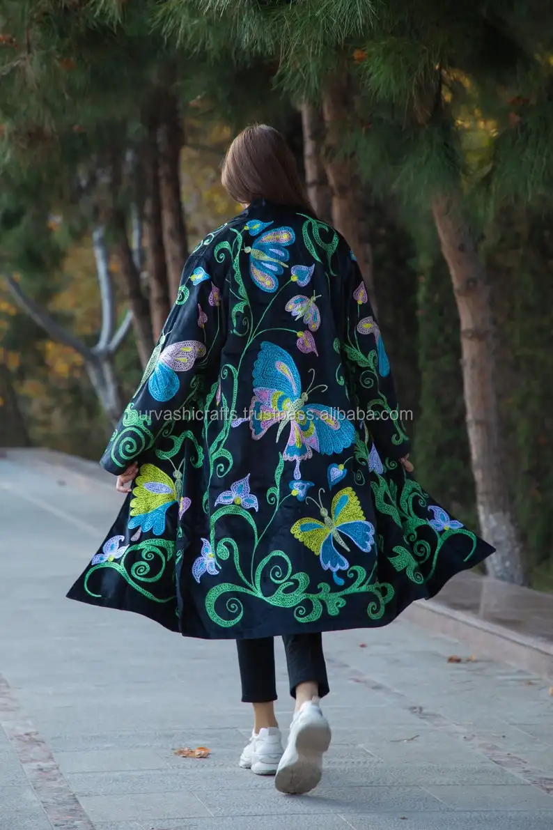 Women Uzbek Natural Cotton Coat Chapan Jaket Robe Decorated With Silk Embroidery