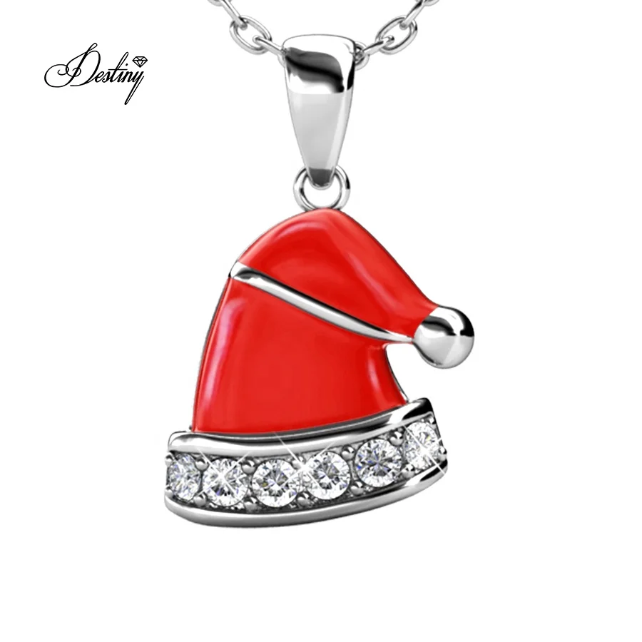 

Destiny Jewellery with First Grade Crystal Jewelry Collection Cute Small Red Enamel Christmas Hat Pendant Necklace, White gold