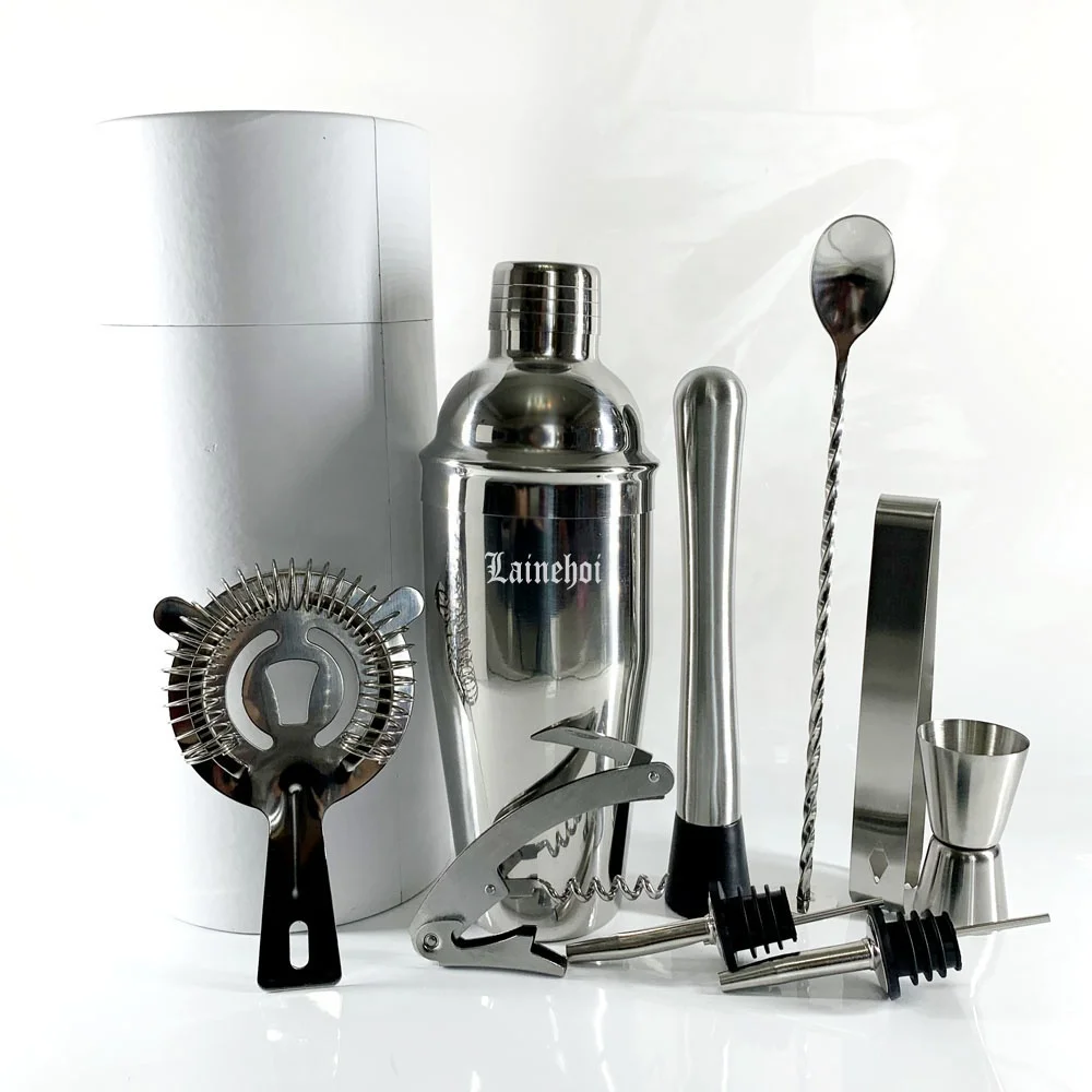 
Factory Customize 9pcs Home Bar Food Grade SS304 Stainless Steel Mixology Bar tools Bartender Kit Cocktail Shaker kit 