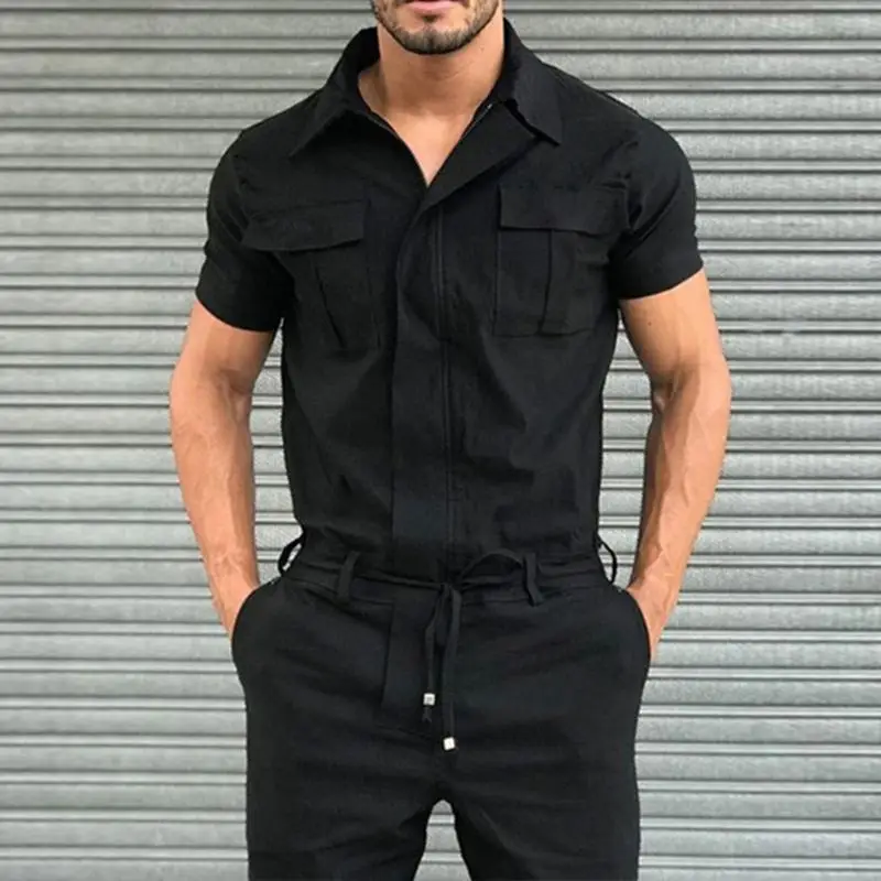 

Cargo Jumpsuit Mens Onepiece Overalls Casual Notched Short Sleeve Rompers Solid Color Pocket Fashion Work Wear Streetwear