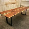 Indian Antique Epoxy Resin Bookmatched black Walnut Live Edge Wooden Finishing Dinning Table