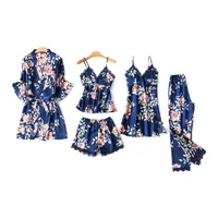 

New Arrival Floral Printed Silk Women Sleepwear 5Pcs Set Stain Sexy Bathrobe Nightgown Pajamas Suit