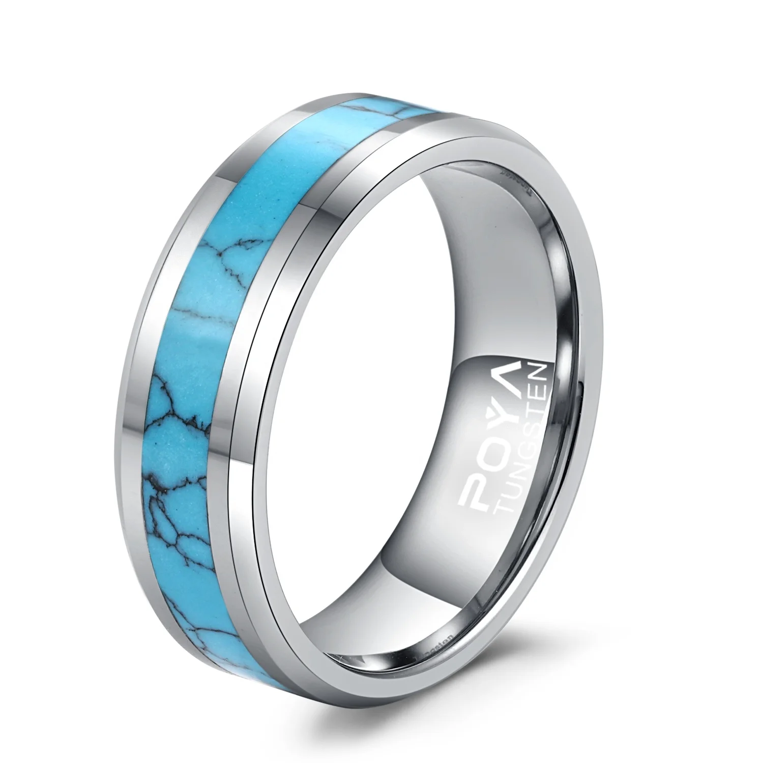 

POYA Jewelry 8mm Tungsten Blue Turquoise Inlay Wedding Band Ring for Men Women