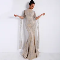 

Long Mesh Sleeves Crystals Beaded Lace Mermaid Evening Dress for Women Formal