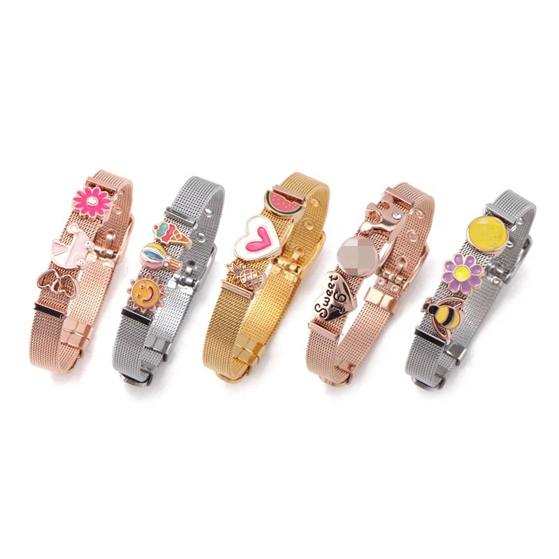 

Personalised kids jewelry 8mm stainless steel mesh bracelets with colorful enamel sliding beads