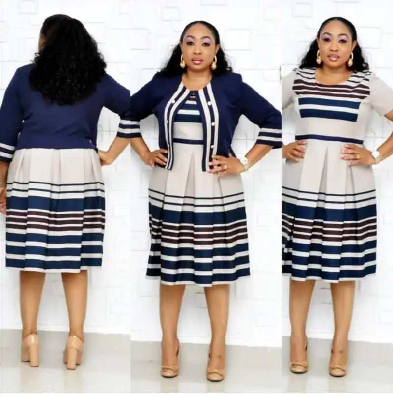 

Summer / Autumn Women Clothing Dresses Two Piece Set Printed Striped African Dress Ladies