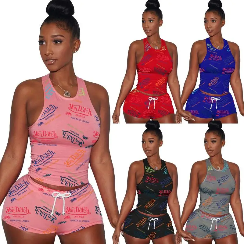 

Summer 2021 New Trendy Von Dutch Short Sets Women Tank Top With Snack Shorts Two Piece Sets For Fitness & Yoga Wear