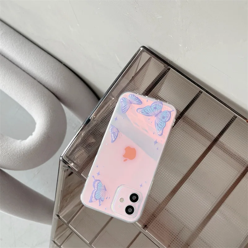 

Purple Laser Butterfly Phone Case for iPhone 11 12 Pro Max XS Max XR X 7 8 Plus Case Glitter Colorful Transparent Soft TPU Cover