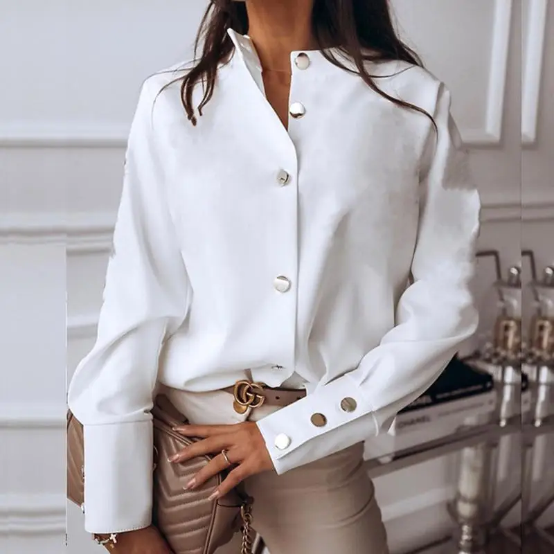 

Elegant White Blouse Women Long Sleeve Button Fashion Women Blouses 2021 Womens Tops And Blouses Solid Spring Tops