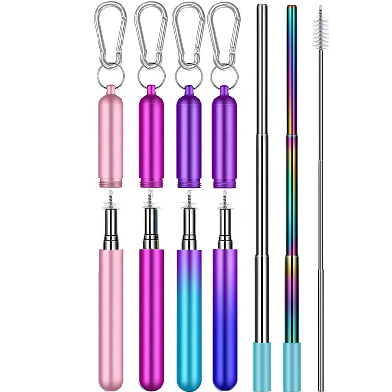 

New Invention 2021 Collapsible Reusable Straws Stainless Steel Telescopic Metal Straws with Portable Travel Case Keychain, Customized color