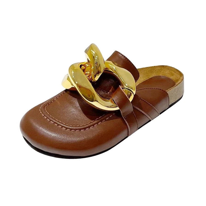 

102122iHeeled shoes 2021new arrival women shoes flat slippers metal chain design round head toe slides female shoes, Black, white, brown