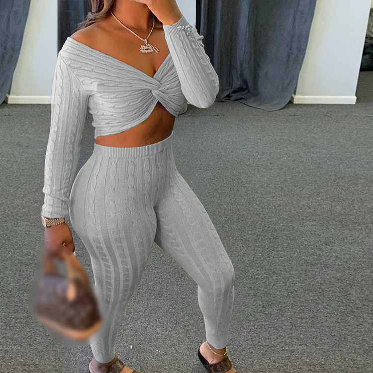 

2021 Trends Women Clothes Sexy Solid Woman 2 Piece Sweater Legging Set Long Sleeve Suit Pant Sets -PT, Black,red,gray