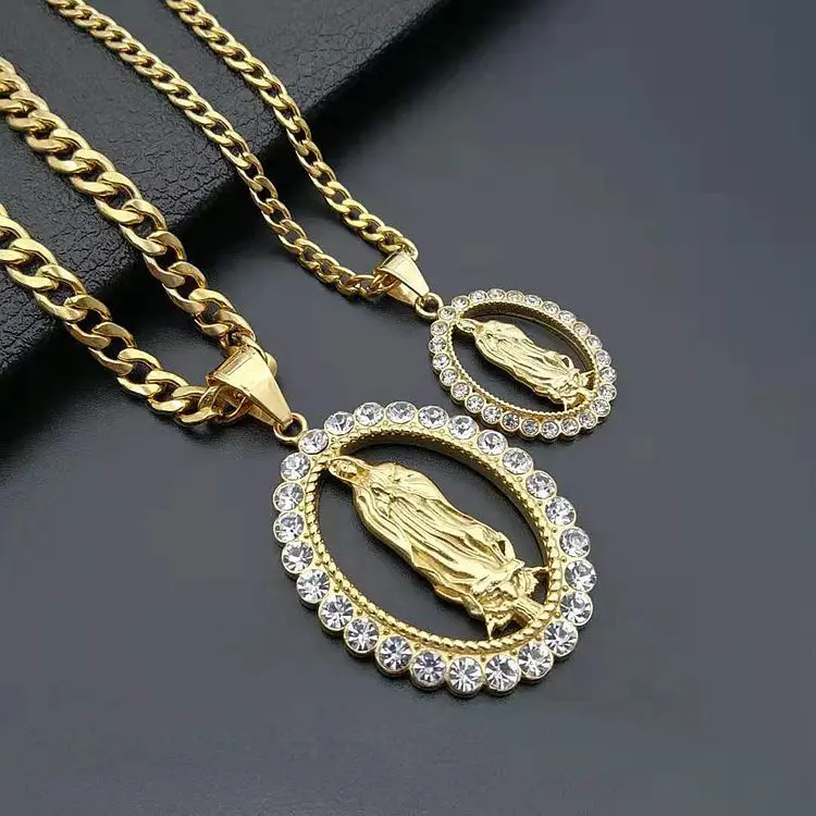 

HIPHOP Jewelry 316 Stainless Steel Gold-plated Diamond Virgin Mary Pendant Necklace