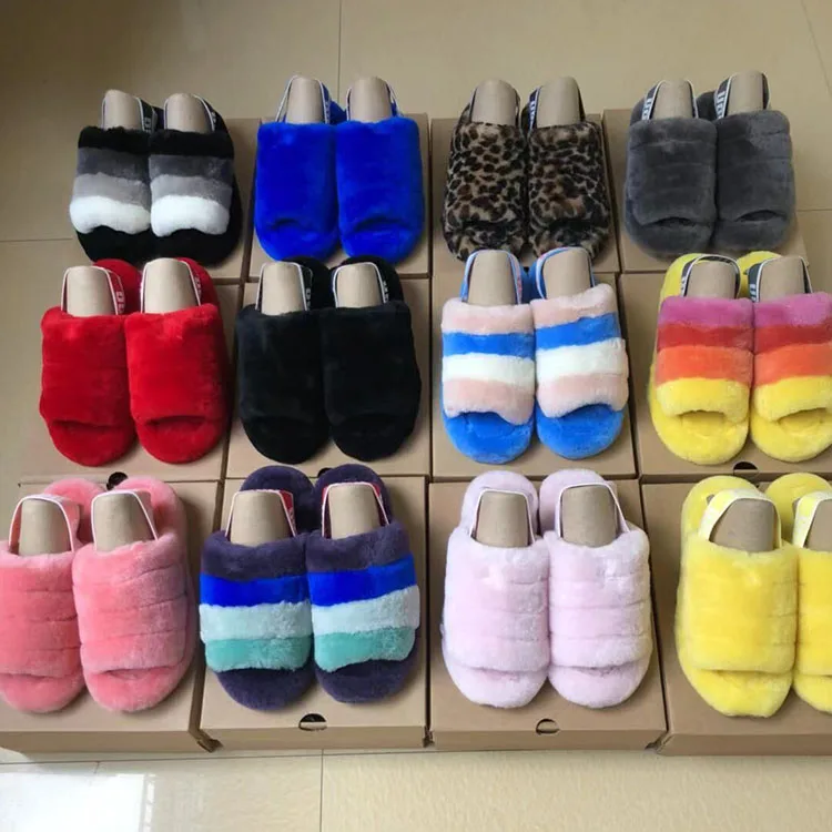 

With Box Card High Quality Uggging Furry Designer Fuzzy Real Fur Summer Indoor Strap Oh Year Fluff Womens Slippers Slides, Black blue red yellow grey cheetah