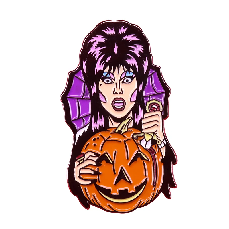 

Elvira the Queen of Darkness Hand Carved on a Pumpkin badge Holiday Icons accessory