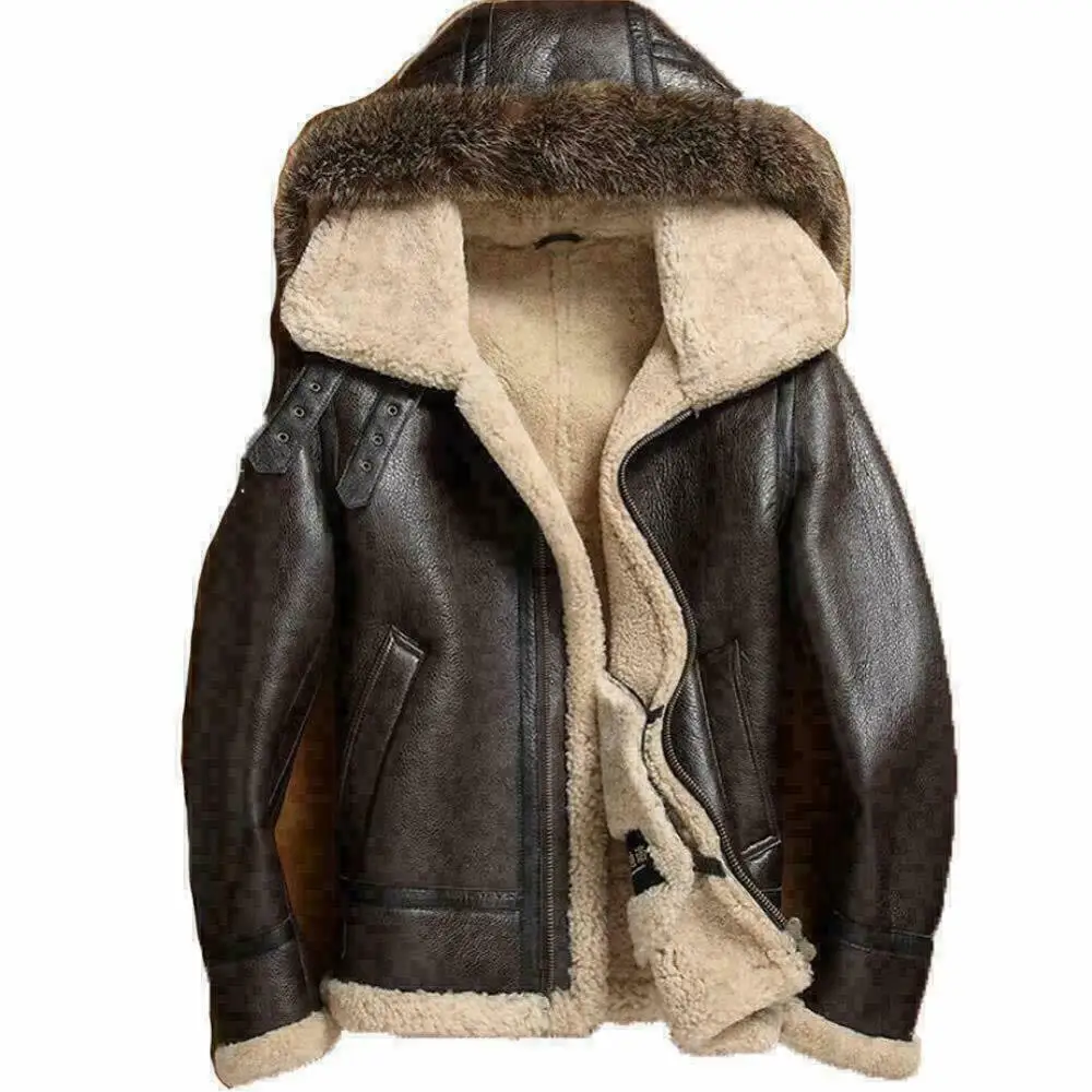 B3 RAF Hood Real Leather Artificial Fur Khaki Men/'s Fashion Flying Bomber Jacket