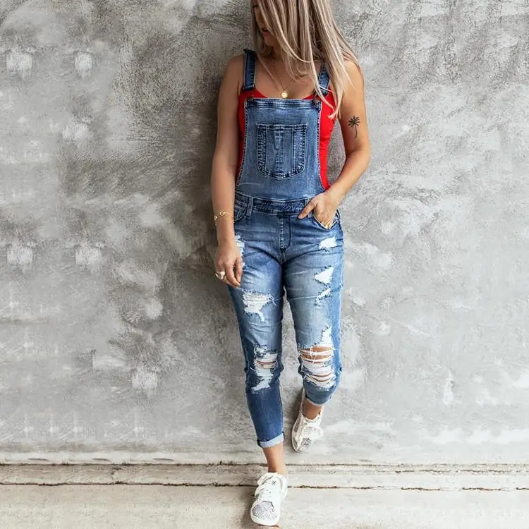 

2021 Women's Sexy Sling Ripped Jumpsuit Skinny Jeans