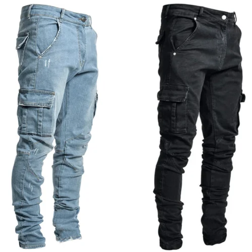 

Popular solid jeans men's side pocket small foot tight jeans men's latest fashion slim jeans pants, Picture color