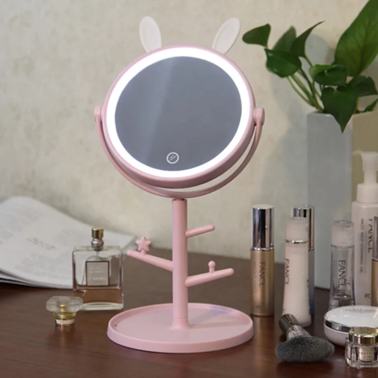 Dual power supply LED make up mirror with stand rabbit ear shaped