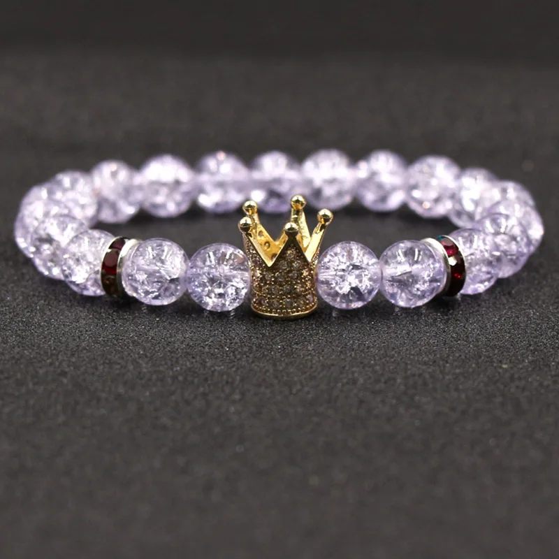 

DIY Handmade Jewelry Men's Gold Crown Bracelet Elastic 8mm Round Amethyst Micro Pave Silver Zirconia Crown Bracelet, As picture shows