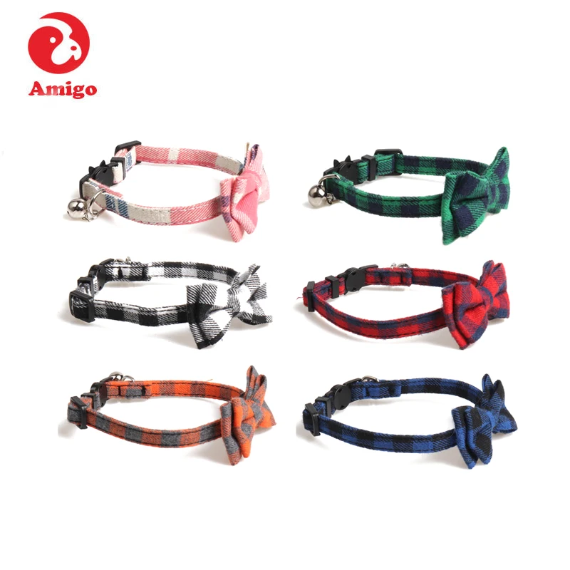 

Amigo pet custom fashion unique safety quick release buckle adjustable cute dot bowtie soft plaid bow tie pet cat collar, Colorful