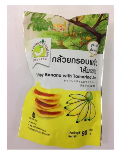 
Crispy banana chips with Tamarind jam, 90g per bag, No Trans fat, GMP, HACCP, HALAL,Thailand 