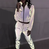 

Women Tracksuit Two Piece Set Outfit Suit Hip Hop Reflective Crop Top Casual Pants Zipper Jacket Coat Matching Sets Y12354