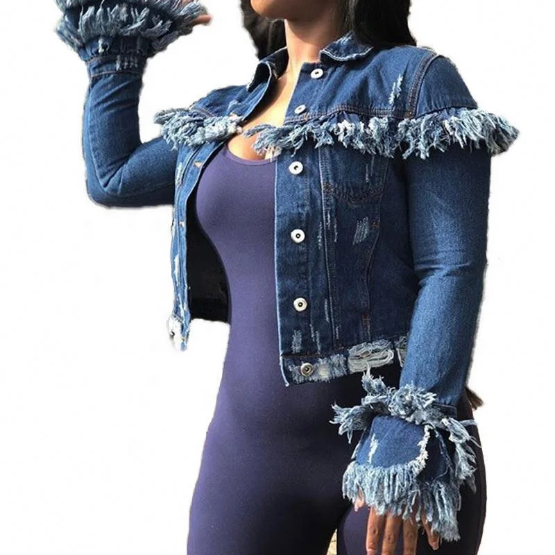 new design ripped long sleeve ruffles denim jackets women