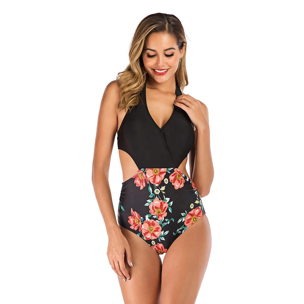 

2020 New High Quality Women Printed V Neck Open Back One Piece Swimsuit, Picture